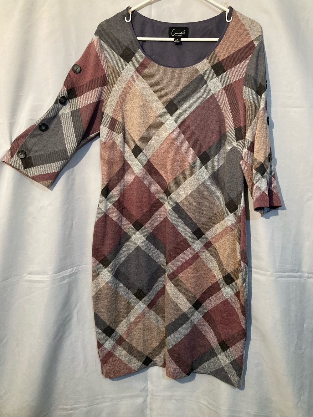 connected apparel Plaid Scoop-Neck Midi Dress in Mauve, Gray, Cream